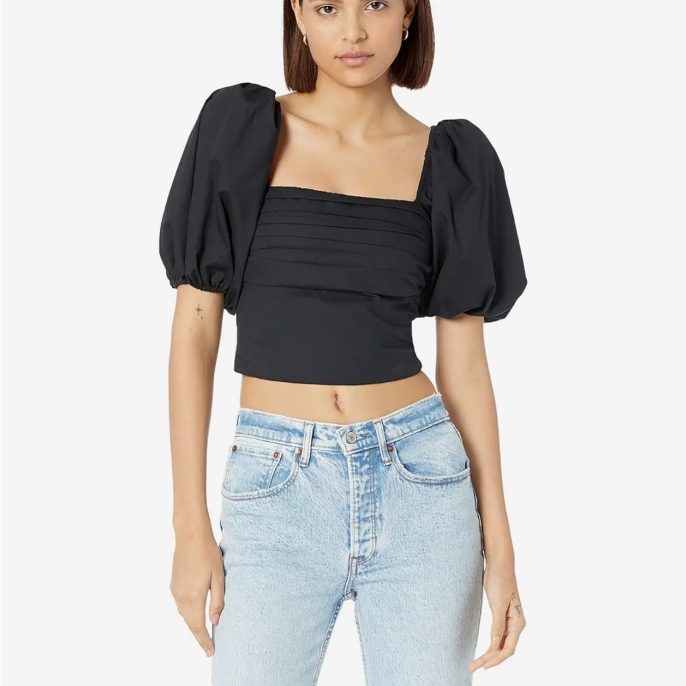 Black Square Neck Rouched Puff Sleeve Top